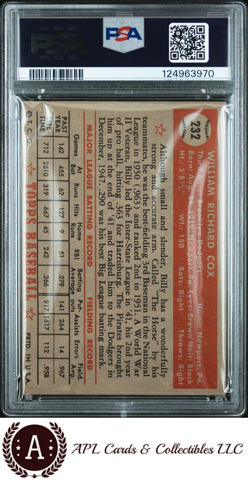 1952 Topps Billy Cox #232 PSA 6 view 2