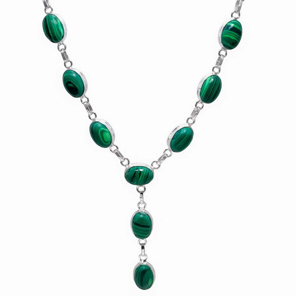 925 Sterling Silver Green Malachite Gemstone Jewelry Necklace Size-17-18" - Image 3 of 4