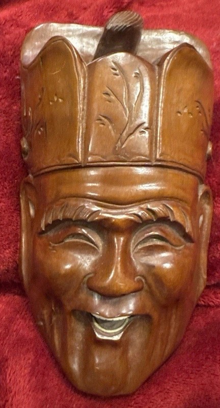 Vintage Hand Carved Wooden Mask Asian Man Smiling Inlaid Teeth Nice Cond