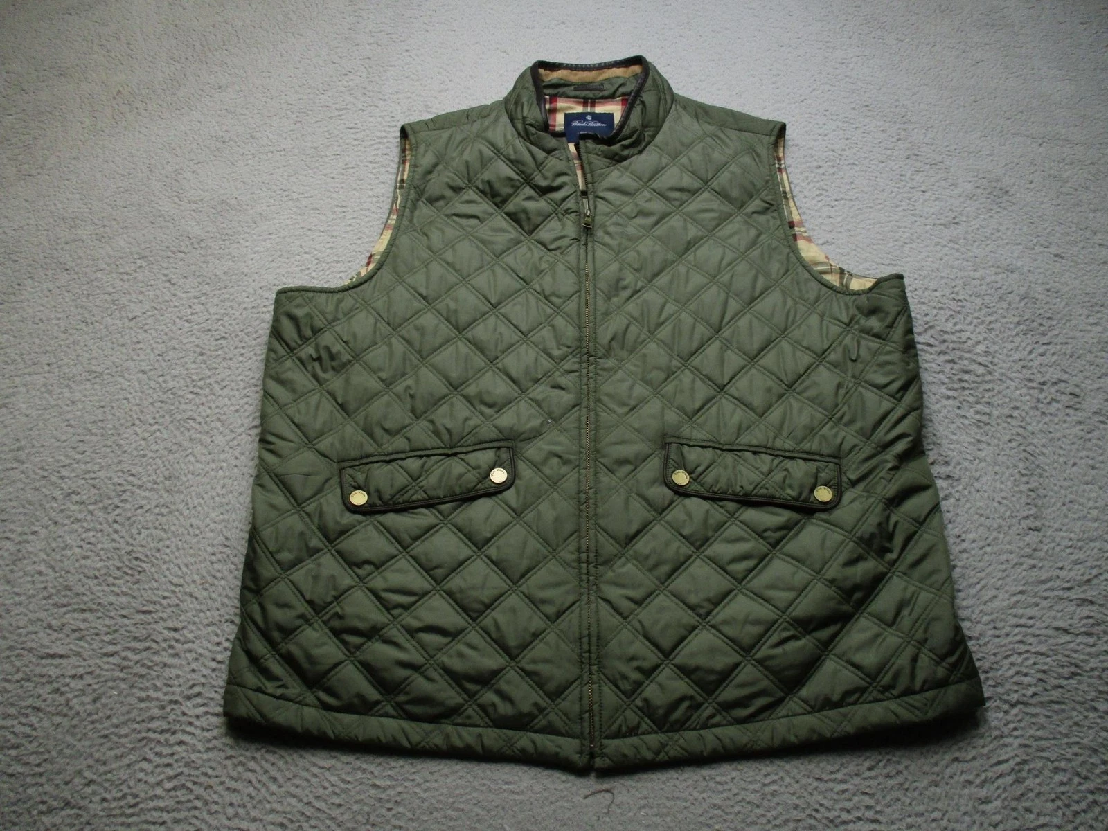Brooks Brothers Vest Mens 2XL Green Quilted Full Zip Plaid Lined Padded Outdoor