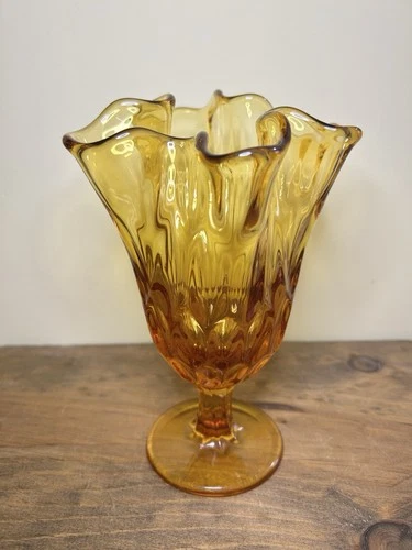 Vtg Fenton Glass Amber Swung Handkerchief Thumbprint Vase 8.5 X 5.5” Pedestal