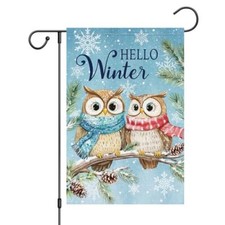 Hello Winter Garden Flag Sonwy Owl Bird Double Sided 12x18 Inch Small Burlap
