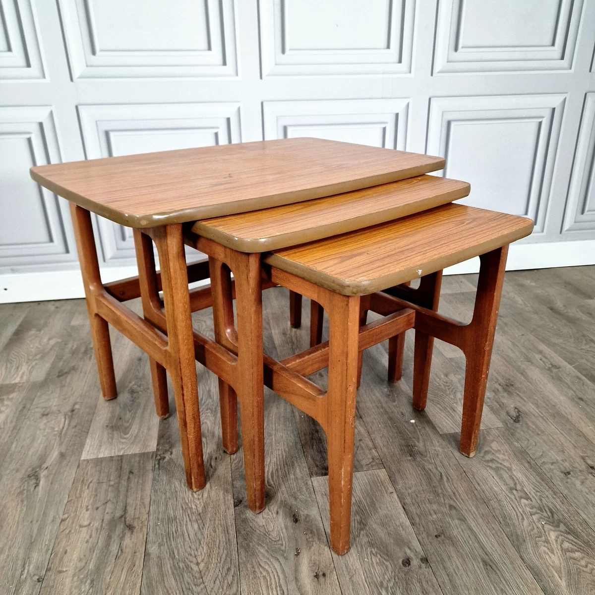Vintage Schreiber Mid Century Teak Nest Of Tables Retro Danish Wooden Formica
