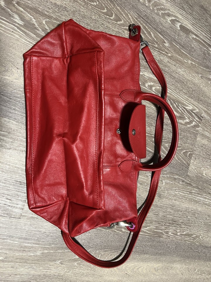 Longchamp Le Pliage Cuir Leather Bag RUBY RED AUTHENTIC In Perfect