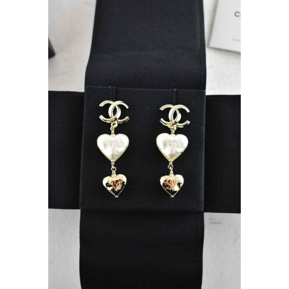 Chanel 22C Heart Shape Gold Pearl White CC Logo Statement Stud 