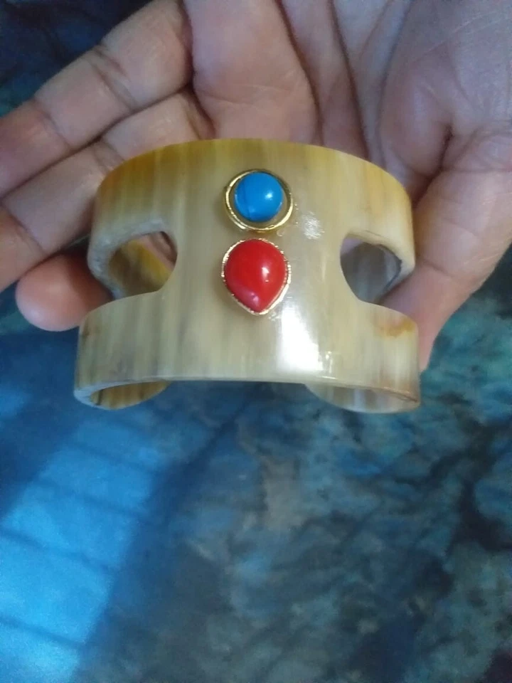 Natural Buffalo Horn Cuff Bracelet With Coral, Turquoise Braceletss Jewelry Boho - Image 4 of 4