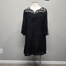 Vestido J Gee Midi Talla Grande 1X Negro Crepé Capricho Hada Abierto Encaje Manga Campana