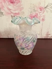 Fenton Glass 6” Spiral Optic Vase Sea Green Crest Hand Painted Floral Design