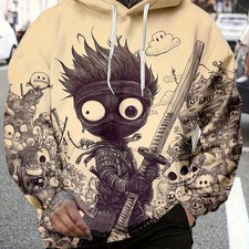 Men's Retro Streetwear Ninja  Samurai Cartoon Digital Print Hoodie - Casual Fas