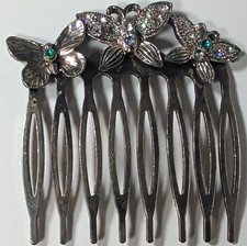 Butterfly Rhinestone Hair Comb Silver Tone Green Crystal