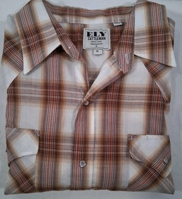 Ely Cattleman Western Shirt Men XL Long Sleeve Pearl Snap Button Up Cowboy Brown