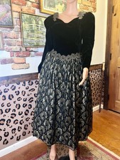 Vintage 80s Cachet by Bari Protas Prom Evening Formal Dress Black Velvet Gold