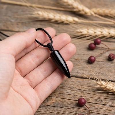 Natural Polished Black Obsidian Spear Pendant Adjustable Cord Protection Unisex 