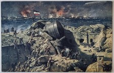 Zeppelin AK - Litho, Kampf Szene, Schlacht von L&uuml;ttich mit Luftschiff, 1.WK 1914
