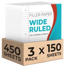 3Pack Loose Leaf Paper 450 Sheets Wide Ruled 8x10.5 Bulk Notebook Binder