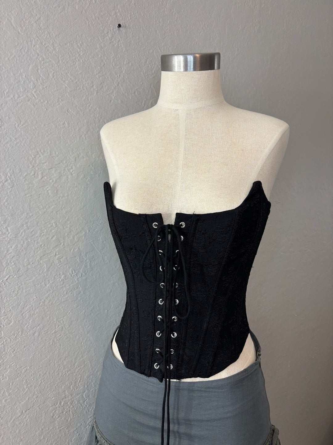 Black Floral Lace-Up Corset Top