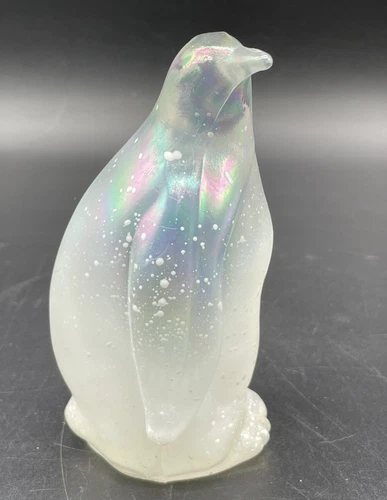 Fenton Art Glass Frosted Hand Painted Iridescent Penguin Figurine Decoration