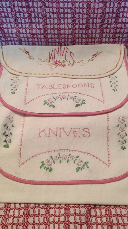 3 Flannel Embroidered Silverware Holders 1 Tablespoon & 2 Knives Too Cute!!!!