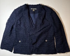 Karl Lagerfeld Paris Tweed Open Front Blazer Raw Hem Fringe Navy Metallic Sz S