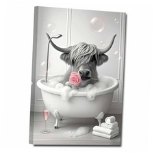 Black and White Wall Art Highland Cow in Bathtub Bathroom Wall Decor Funny