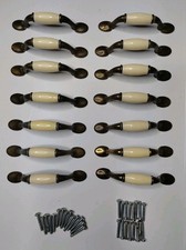 Lot of 14 Vtg Cream Ceramic/Brass Cabinet Han...