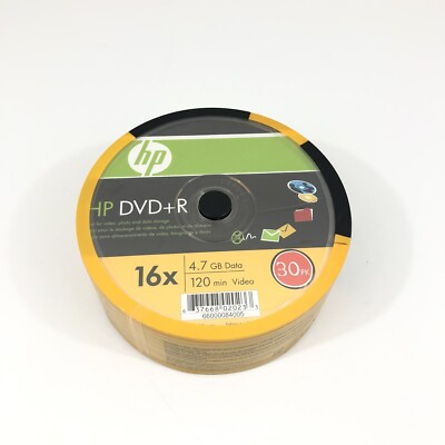 HP 16X DVD+R DVDR Blank Disc Storage Media 30 PK Spindle 4.7GB 120 Min, Sealed