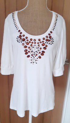 Damen Elfenbein Perlen T-Shirt Bluse von Ashley Brooke Marke Größe 14 Neu