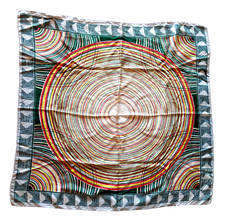 VTG Red Green Yellow Silk Scarf Hand Rolled Pop Abstract Geometric Circles 34"