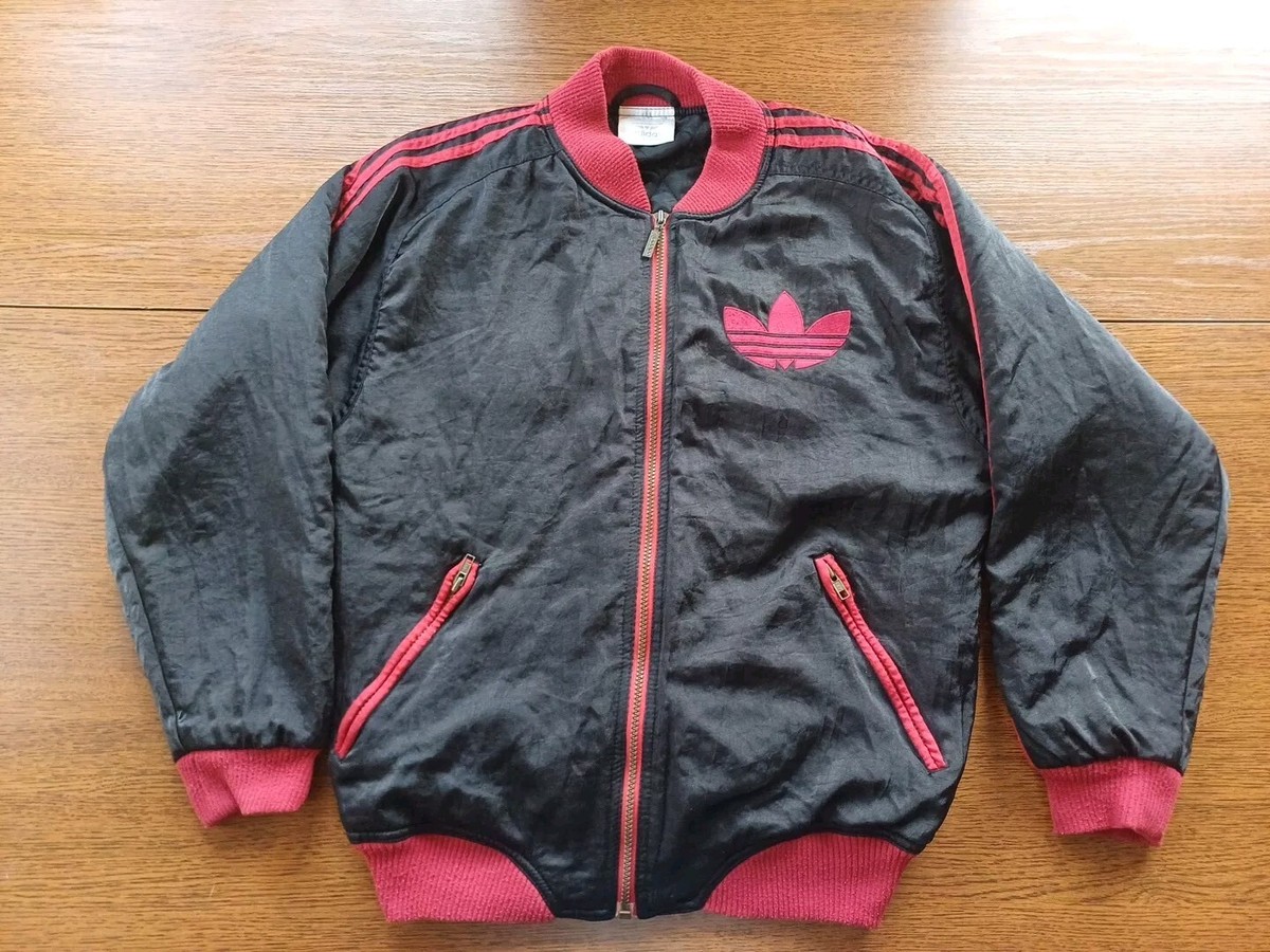 Vtg ADIDAS SPELL OUT BIG LOGO SATIN QUILT JACKET BLACK RED RUN DMC 