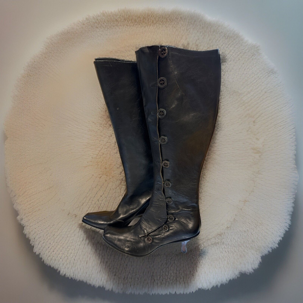 CYDWOQ Vintage Black Knee High With 10 Side Buttons, Embellished