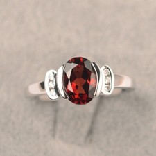Garnet Solitaire Ring Oval Cut Gemstone 925 Sterling Silver