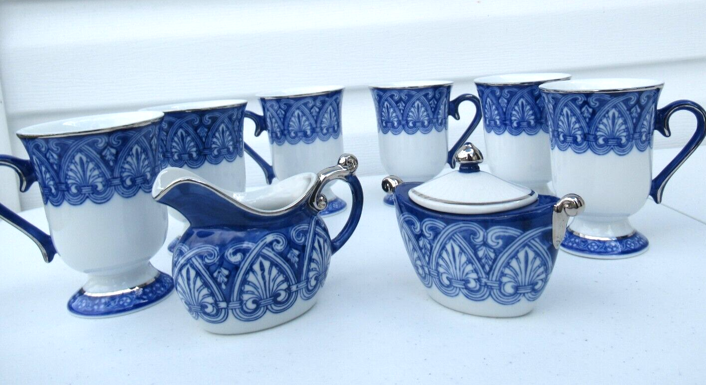 Collectible Porcelain Cobalt Blue Guilted Silver Trim China Bombay Tea