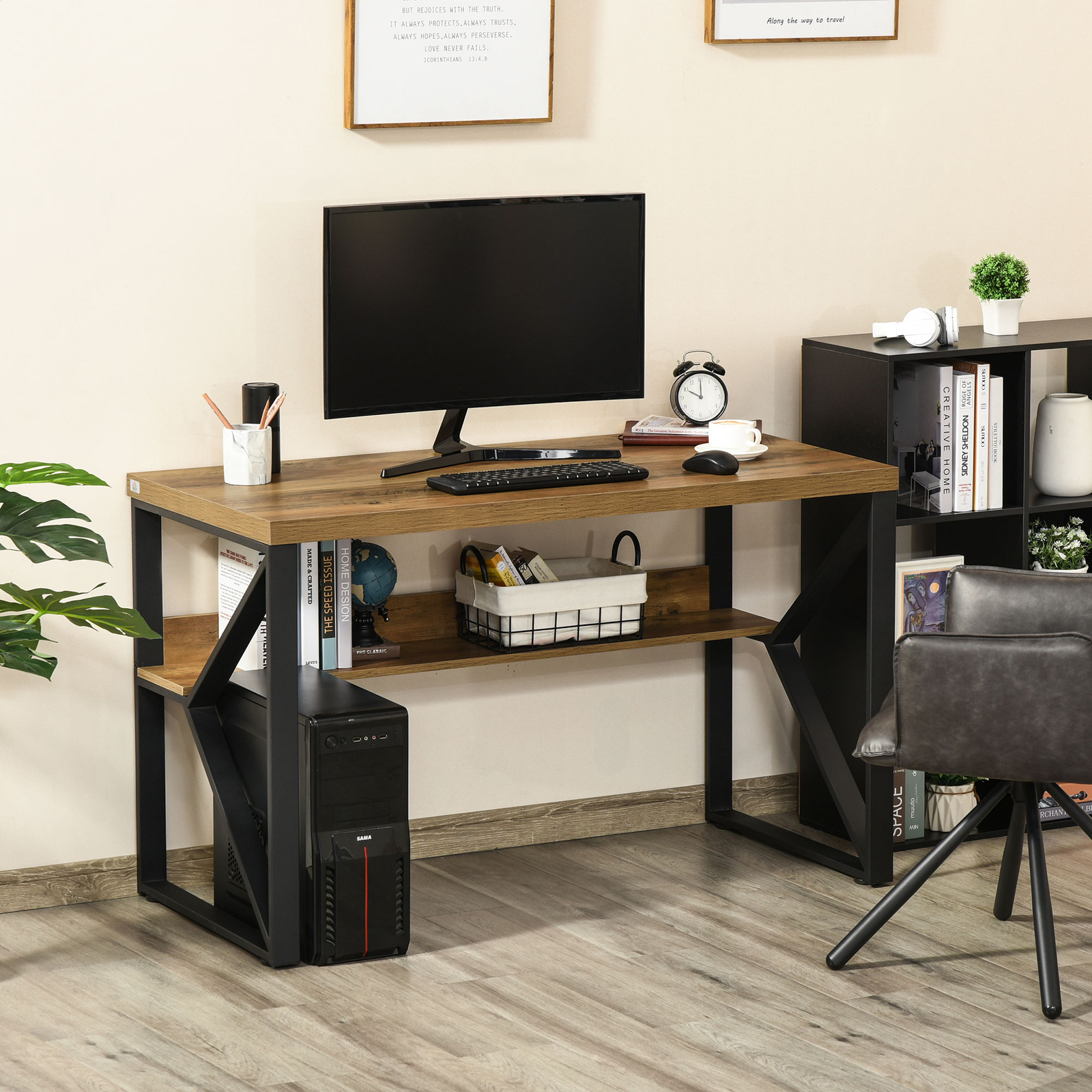 Workstation Computer Desk Table with Storage Shelf Steel Frame Black ...