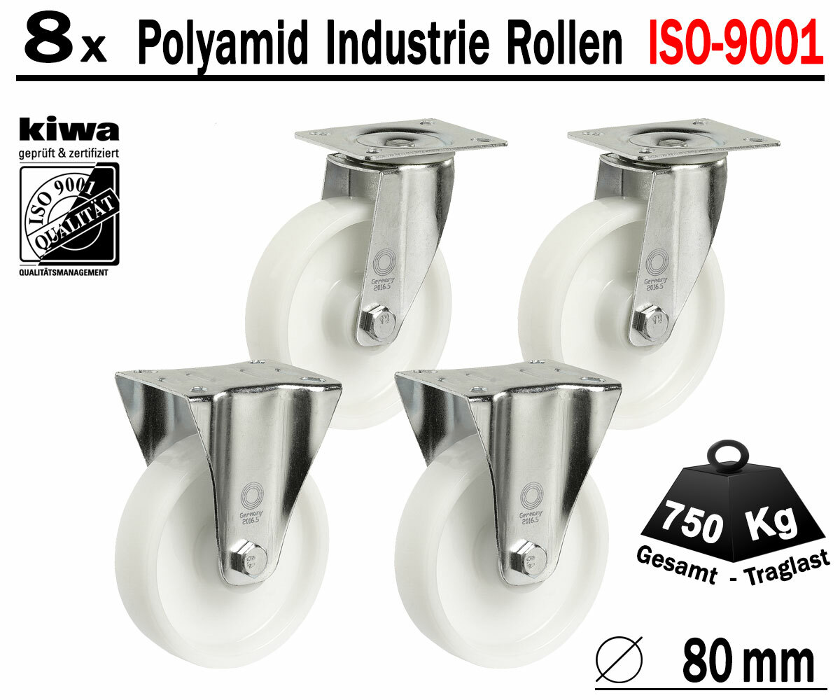 Polyamid Schwerlast Transport Lenk Rollen 8 x Ø 80 mm Le-Bo / BS-Rollen Germany