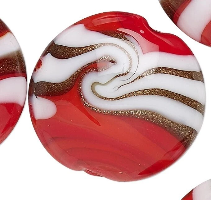 Cuentas, 10 cuentas de monedas hinchadas de 20 mm con remolinos de cobre rojo y blanco de vidrio murano * Foto 2 de 2