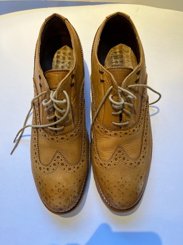 JD Fisk Wingtip Oxfords Size 9 Tan Burnished Lace Up Leather Shoes - Picture 2 of 5