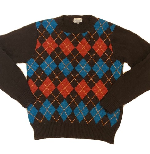 Vintage Mens Preppy Sweater Black Argyle Sz Small Rockabilly Old Money Wool