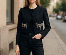 NWT ZARA BLOGGERS FAVE BEADED AND CHAIN DETAIL POCKET BLAZER BLACK Small