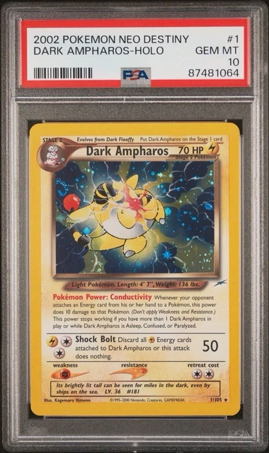 2002 Pokemon Neo Destiny # 1 Dark Ampharos Holo PSA 10 GEM MINT! Trusted Seller!