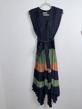 Ulla Johnson Maysha Striped Pleated Midi Dress Navy/Multi Satin Size 2 Designer