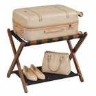 Luggage Rack, Solid Rubberwood Suitcase Stand with Nylon Shelves, Portable