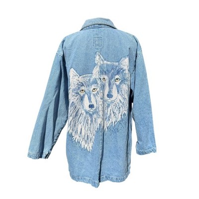 Vintage Sun Belt Denim Wolf Hand Painted Jacket Anne Hagen Light Wash Medium