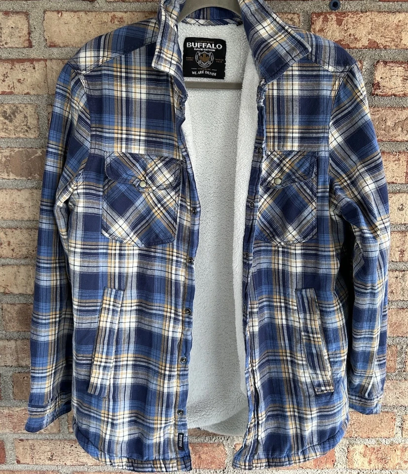 Chaqueta de franela forrada David Buffalo Sherpa para hombre con botones talla pequeña Foto 2 de 4