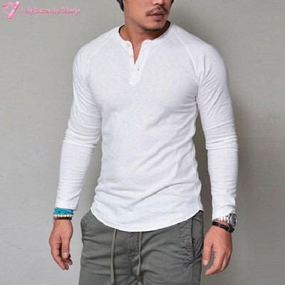 Men's Long Sleeve Cotton T-Shirt Solid Slim Fit Button Up Tops Blouse Tee Casual