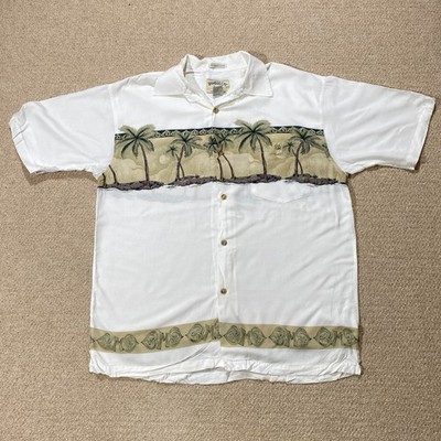 VINTAGE Bamboo Cay Hawaiihemd Herren Medium weiß Palmen Viskose kubanisch