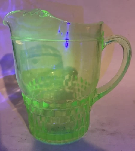 Large Vintage Uranium Green Glass Lipped Spout Pitcher Depression Swirl 10”