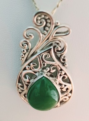 Artisan Crafted Burmese Green Jade Sterling Silver Pendant With Chain.