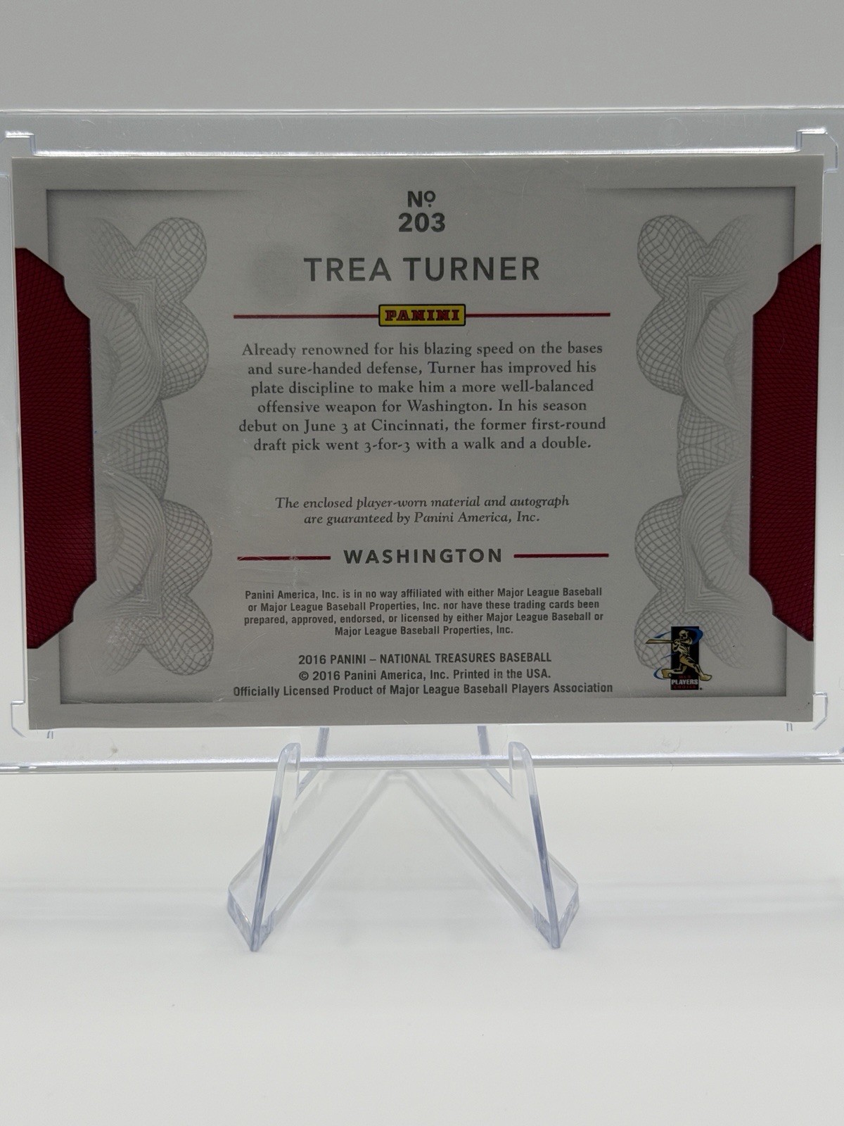 Panini 2016 National Treasures Trea Turner RC Auto Memo /99 #203 Nationals Patch view 2