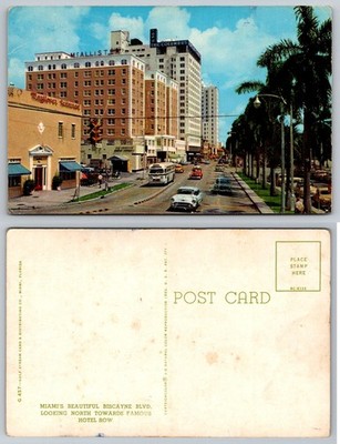 Vintage Miami Biscayne Blvd. McAllister Columbus Hotel Row Postcard c1950s