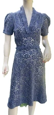 VINTAGE 1930's BLUE COTTON FLORAL LACEY CUTWORK DRESS